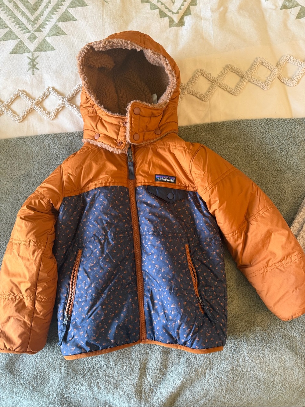 Patagonia Kids Orange & Navy Hooded Puffer Jacket